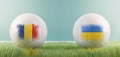 Romania vs Ukraine football match infographic template for Euro 2024 matchday scoreline announcement. Two soccer balls with
