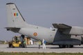 Romanian army personnel unload medical supplies from an Spartan military plane during the covid-19 lockdown