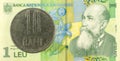 10 romanian bani coin against 1 romanian leu bank note