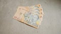 Romanian banknotes on a concrete surface showing the ten leu currency Royalty Free Stock Photo