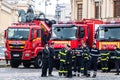 Romanian Firefighting emergency firemen Pompierii parked in front of the Home Office Ministry of the Interior in Bucharest, Royalty Free Stock Photo