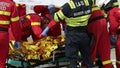 Romanian first responders train to extricate and save the victim of a car accident during a drill exercise.