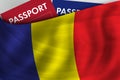 Romanian flag background and passport of Romania. Citizenship, official legal immigration, visa, business and travel concept Royalty Free Stock Photo