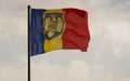 Romanian flag with coat of arms with gray background with clouds Royalty Free Stock Photo