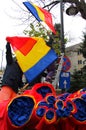 Romanian flags on poles, in Bucharest, Romania.