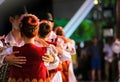 Romanian folkloric unrecognizable dancers on stage. National costumes