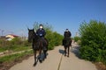 The Romanian Gendarmerie on horses wearing face masks . Police on patrol ensuring that the law imposed by the emergency state is