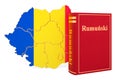 Romanian language book with map of Romania, 3D rendering