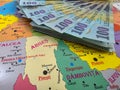 Romanian 100 Lei banknotes on a map of Romania Royalty Free Stock Photo