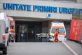 Romanian medical personnel wearing protective suits in the yard of a hospital closed for Covid-19 infection