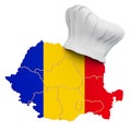 Romanian national cuisine concept. Chef hat with map of Romania. 3D rendering