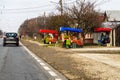 Romanian peasants selling vegetables and fruits on the road in Targoviste, Romania, 2021