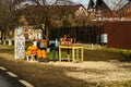 Romanian peasants selling vegetables and fruits on the road in Targoviste, Romania, 2021