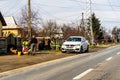 Romanian peasants selling vegetables and fruits on the road in Targoviste, Romania, 2021