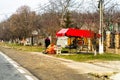 Romanian peasants selling vegetables and fruits on the road in Targoviste, Romania, 2021