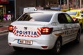 Romanian police car in traffic during rush hour in Bucharest, Romania, 2020 Royalty Free Stock Photo