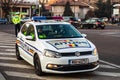 Romanian police car in traffic during rush hour in Bucharest, Romania, 2020 Royalty Free Stock Photo