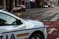 Romanian police car in traffic during rush hour in Bucharest, Romania, 2020 Royalty Free Stock Photo