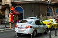 Romanian police car in traffic during rush hour in Bucharest, Romania, 2020 Royalty Free Stock Photo