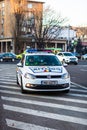 Romanian police car in traffic during rush hour in Bucharest, Romania, 2020 Royalty Free Stock Photo