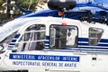 Romanian Police (Politia Romana) helicopter in front of the Home Office (Ministry of the Interior) in Bucharest, Romania, 2020.