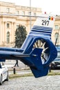 Romanian Police Politia Romana helicopter in front of the Home Office Ministry of the Interior in Bucharest, Romania, 2020.