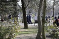 Romanian policemen patrol the IOR park in Bucharest during Covid-19 pandemic restrictions