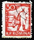 Romanian postage stamp shows Ambulance car and doctor, circa 1960