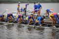 Romanian professional men rowers from the Olympic Team train in a sports base