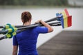 Romanian professional women rowers from the Olympic Team train in a sports base