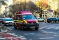 Romanian SMURD ambulance car, 911 or 112 emergency medical service in mission in downtown Bucharest, Romania, 2020. Coronavirus
