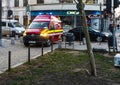Romanian SMURD ambulance car, 911 or 112 emergency medical service in mission in downtown Bucharest, Romania, 2020. Coronavirus