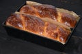 Cozonac. Romanian sweet bread. Traditional Christmas and Easter sweet bread dessert, called Cozonac in trays on a black