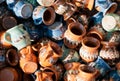 Romanian traditional pottery handcrafted mugs at a souvenir shop. Romanian traditional handcrafted pottery Royalty Free Stock Photo