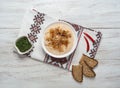 Romanian traditional snack Fasolita, mashed beans with caramelized onions.