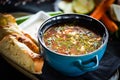 Romanian traditional turkey soup with fresh vegetables, wipe cream, spices & home made bread