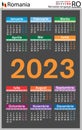 Romanian vertical pocket calendar for 2023. Week starts Monday