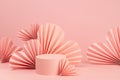 Romantic abstract stage mockup in chinese style - circle podium, pink ribbed paper hearts as decor on pastel pink color. Gentle.