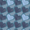Romantic abstract vector pattern with blue geometric hearts and wavy linear texture. Royalty Free Stock Photo