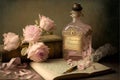 Romantic academia still life with Victorian old books, pink roses, elegant bottle, silk or lace ribbons, ink and quill on dark