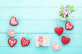 Romantic accessories and copy space on blue wooden background. Top view. Mock up and copy space. Mother Valentine day. Royalty Free Stock Photo