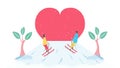 Romantic adults couple play ski. Character design of people in winter season. Vector illustration in flat style