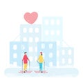 Romantic adults couple play ski. Character design of people in winter season. Vector illustration in flat style