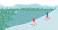 Romantic adults couple play ski. Character design of people in winter season. Vector illustration in flat style