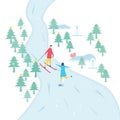 Romantic adults couple play ski and ice skating. Character design of people in winter season. Vector illustration in flat style