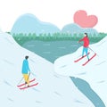 Romantic adults couple play ski in winter season. Character design of people. Vector illustration in flat style