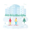 Romantic adults couple play ski in winter season. Character design of people. Vector illustration in flat style