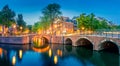 Romantic Amsterdam lit the lights. Evening panoramic view of the famous historic center with lantern lights, bridges, canals and Royalty Free Stock Photo