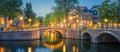 Romantic Amsterdam lit the lights. Evening view of the famous historic center with lantern lights, bridges, canals and cute Dutch