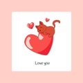 Romantic animals poster. Cartoon cat in love. Valentine greeting card. Cute kitten on red heart. Kitty character